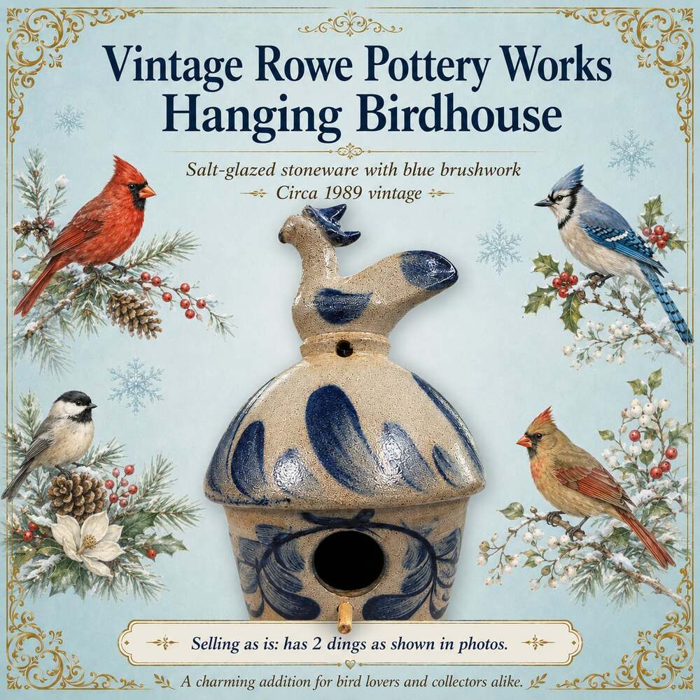 Vintage Rowe Pottery Works Hanging Birdhouse, Salt-glazed Stoneware with Blue Br